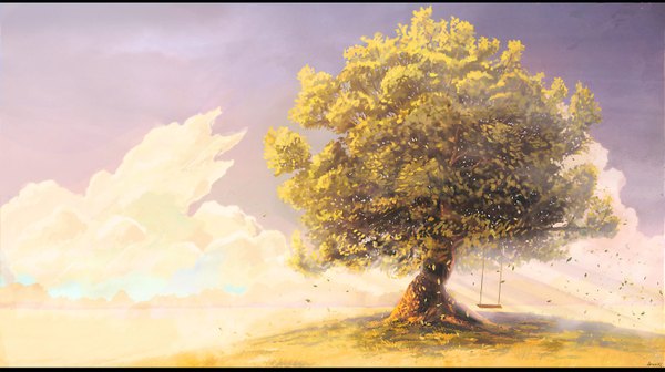 Anime picture 1600x896 with original arsenixc wide image sky cloud (clouds) wind no people landscape nature faux traditional media plant (plants) tree (trees) leaf (leaves) grass swing
