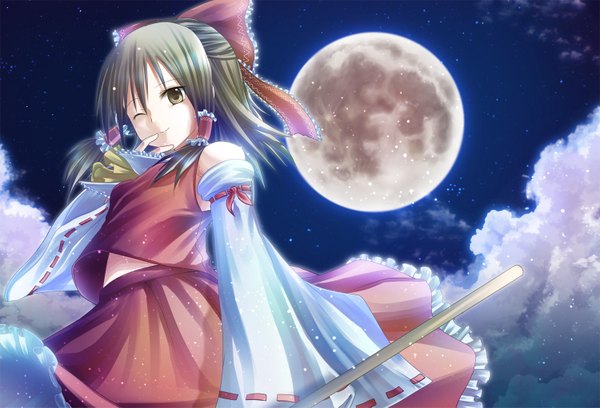 Anime picture 1500x1021 with touhou hakurei reimu hoshimiya mirai single long hair brown hair brown eyes traditional clothes japanese clothes one eye closed night from below night sky half updo nontraditional miko girl skirt bow hair bow detached sleeves