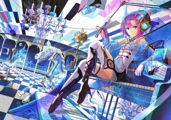 Anime picture 1444x1019 with original exit tunes fuzichoco single looking at viewer short hair blue eyes sitting pink hair night sky checkered floor crescent checkered music girl thighhighs gloves navel flower (flowers) elbow gloves