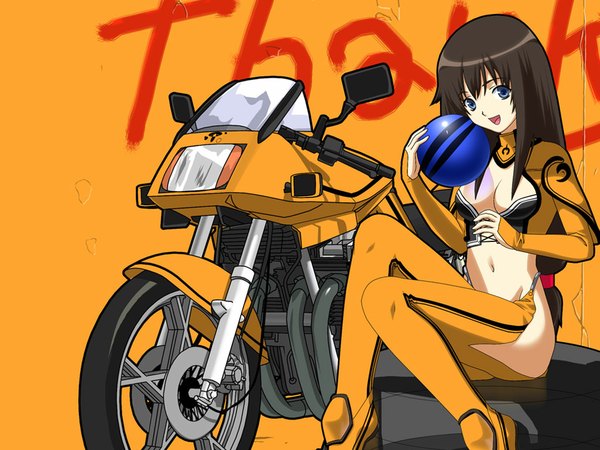 Anime picture 1024x768 with breasts blue eyes light erotic smile cleavage midriff navel motorcycle