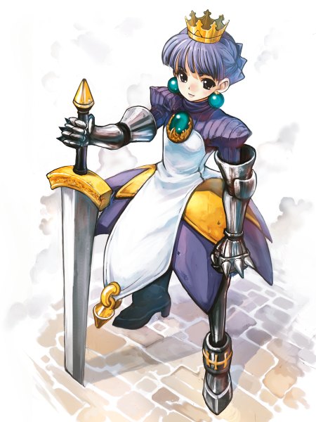 Anime picture 900x1200 with princess crown gradriel hirokiku single tall image fringe short hair purple hair from above black eyes girl weapon earrings sword armor crown huge weapon huge sword