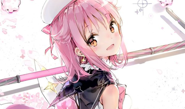 Anime picture 1023x606 with houkago no pleiades subaru (houkago no pleiades) anmi single looking at viewer blush fringe short hair open mouth smile wide image yellow eyes pink hair looking back sparkle girl bow ribbon (ribbons) star (symbol) beret