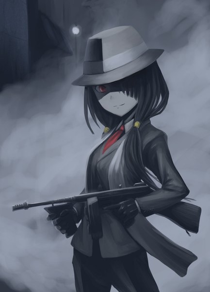 Anime picture 1012x1400 with date a live tokisaki kurumi jiffic single long hair tall image fringe short hair black hair smile standing hair over one eye shadow alternate costume low twintails smoke uneven twintails gangster girl gloves