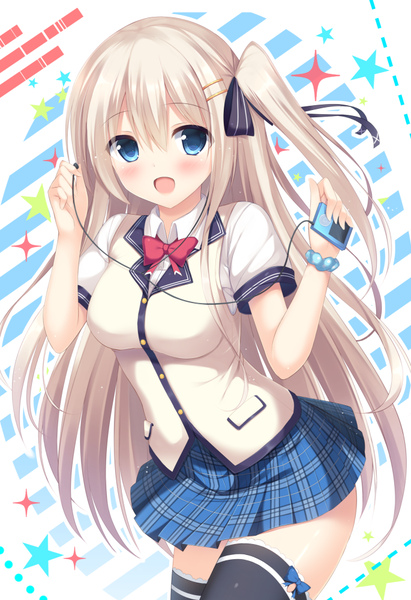 Anime picture 685x998 with original tomoo (tomo) single long hair tall image looking at viewer blush open mouth blue eyes blonde hair one side up girl thighhighs skirt uniform black thighhighs school uniform digital media player
