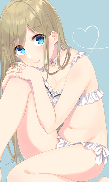 Anime picture 1516x2508 with original 1o (ichio) single long hair tall image blush fringe breasts blue eyes light erotic simple background smile brown hair large breasts head tilt fingernails blue background hair over shoulder hand on knee heart of string