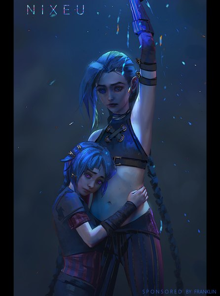 Anime picture 1114x1500 with arcane: league of legends league of legends jinx (league of legends) nixeu long hair tall image looking at viewer fringe short hair blue eyes standing purple eyes multiple girls signed blue hair braid (braids) arm up armpit (armpits) alternate age asymmetrical hair