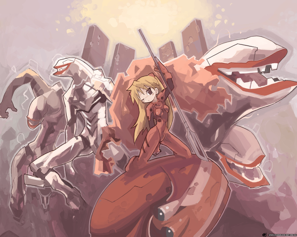 Anime picture 1280x1024 with neon genesis evangelion rebuild of evangelion evangelion: 2.0 you can (not) advance gainax soryu asuka langley eva 02 long hair one eye closed wink orange hair angel girl weapon suit monster spear pilot suit mecha