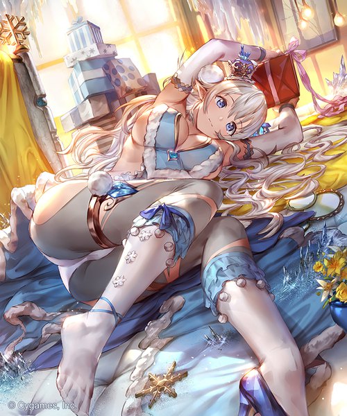 Anime picture 750x900 with shingeki no bahamut piashi 77gl single long hair tall image blush fringe breasts blue eyes light erotic hair between eyes large breasts holding payot looking away silver hair ass indoors lying