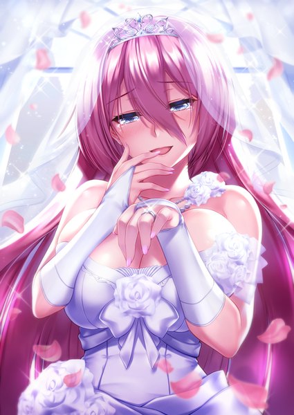 Anime picture 1003x1416 with azur lane ranger (azur lane) ken ill single long hair tall image looking at viewer blush fringe breasts open mouth blue eyes light erotic smile hair between eyes large breasts standing bare shoulders pink hair cleavage