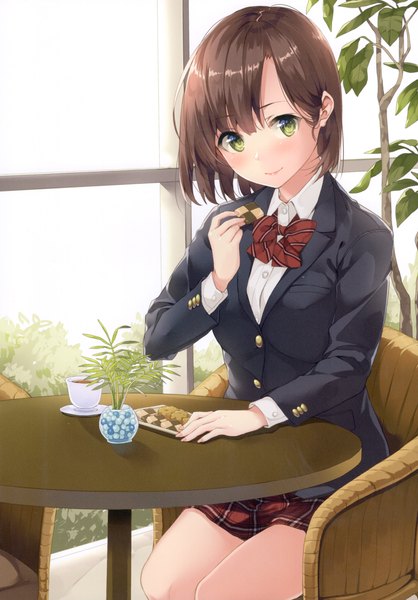 Anime picture 2517x3613 with original unasaka ryou single tall image looking at viewer blush fringe highres short hair smile brown hair sitting green eyes indoors long sleeves scan plaid skirt checkerboard cookie girl skirt