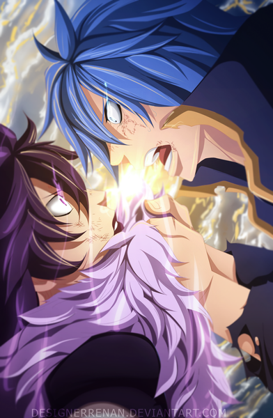 Anime picture 1024x1566 with fairy tail jellal fernandes midnight (fairy tail) designerrenan tall image short hair open mouth blue eyes black hair blue hair sky cloud (clouds) pink eyes sunlight multiple boys coloring torn clothes glowing glowing eye (eyes) face to face