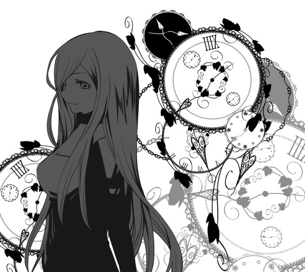 Anime picture 1400x1250 with vocaloid lily (vocaloid) long hair smile monochrome girl dress clock