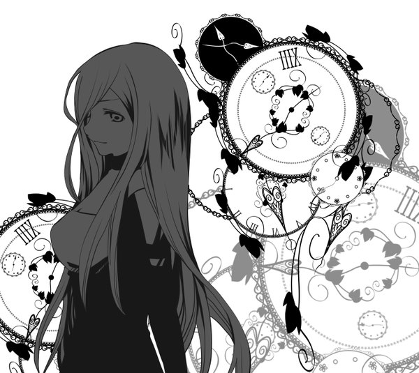 イラスト 1400x1250 と ボーカロイド lily (vocaloid) 長髪 笑顔 monochrome 女の子 ドレス 時計