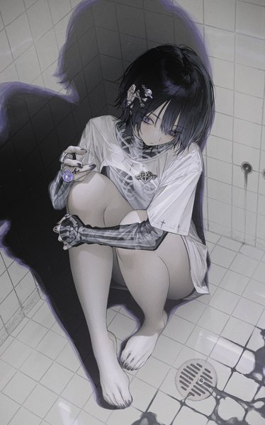 Anime picture 731x1173 with original wanke single tall image fringe short hair blue eyes light erotic black hair sitting looking away full body bent knee (knees) indoors nail polish barefoot from above hair over one eye shadow piercing