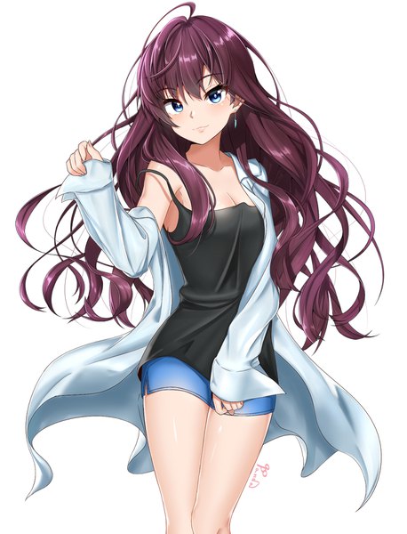 Anime picture 1439x1885 with idolmaster idolmaster cinderella girls ichinose shiki kuki panda (wkdwnsgk13) single long hair tall image looking at viewer blush fringe breasts blue eyes simple background hair between eyes white background signed cleavage purple hair lips off shoulder