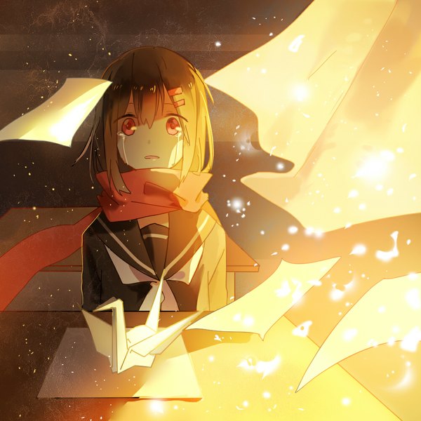 Anime picture 1000x1000 with kagerou project shaft (studio) tateyama ayano recon single long hair looking at viewer fringe red eyes brown hair sitting parted lips wind sunlight tears crying sad girl uniform serafuku