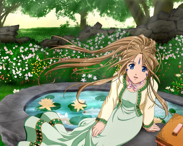 Anime picture 1280x1024 with aa megami-sama anime international company belldandy ningen (nattoli) kusakabe chizuko single long hair looking at viewer open mouth blue eyes smile brown hair sitting signed ponytail long sleeves from above wind wallpaper facial mark