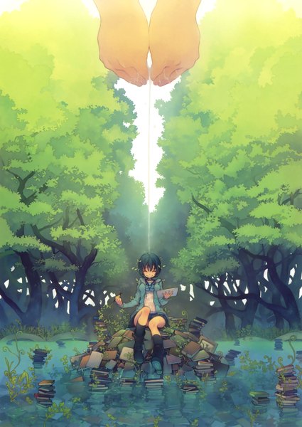 Anime picture 2337x3300 with original eshi 100-nin ten morino hon single tall image highres short hair black hair sitting eyes closed scan happy girl plant (plants) tree (trees) water boots book (books) paper hands