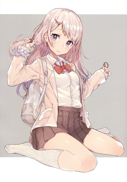 Anime picture 2640x3800 with original mika pikazo single long hair tall image fringe highres simple background sitting purple eyes holding full body bent knee (knees) head tilt scan grey background no shoes adjusting hair wariza wrist scrunchie