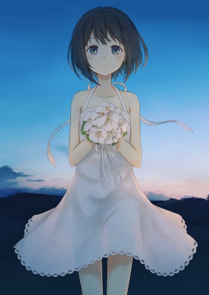 Anime picture 850x1200 with original 104 single tall image looking at viewer blush fringe short hair blue eyes black hair standing holding sky cloud (clouds) outdoors light smile wind morning sunrise girl