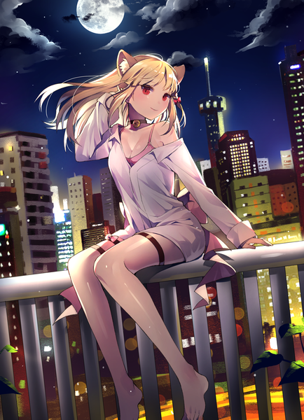 Anime picture 1848x2552 with original azit (down) single tall image looking at viewer fringe highres light erotic blonde hair red eyes sitting animal ears outdoors wind cat ears night night sky city cityscape girl