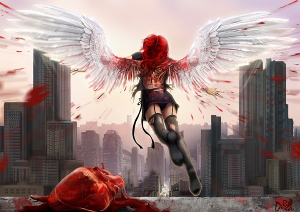 Anime picture 2338x1654 with original darianaloki single long hair highres signed red hair back city spread arms soles cityscape angel wings angel falling no face girl thighhighs underwear panties