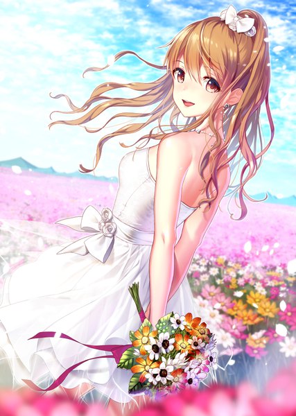 Anime picture 711x1000 with original ukamaru single long hair tall image looking at viewer fringe breasts open mouth smile hair between eyes brown hair standing bare shoulders holding brown eyes sky cloud (clouds) outdoors ponytail