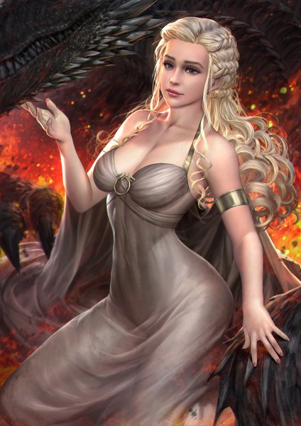Anime picture 800x1132 with a song of ice and fire daenerys targaryen drogon nudtawut thongmai single long hair tall image looking at viewer breasts blue eyes light erotic blonde hair large breasts bare shoulders payot cleavage braid (braids) nail polish arm up lips