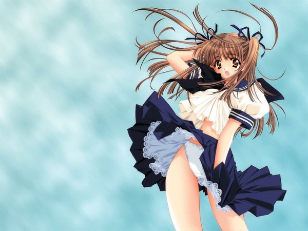 Anime picture 1024x768 with light erotic brown hair brown eyes blue background underwear panties ribbon (ribbons) serafuku