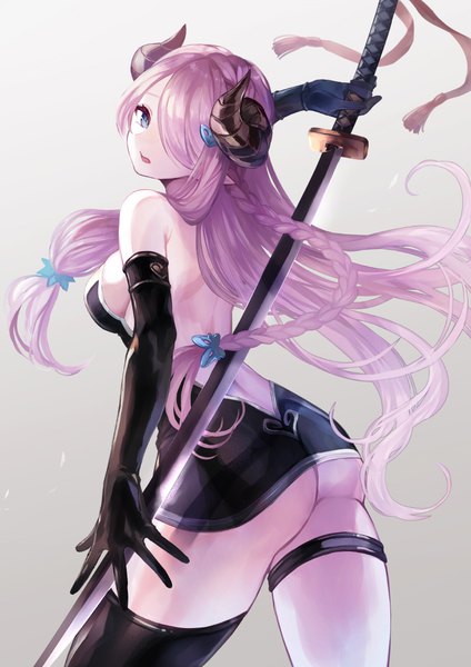 Anime picture 800x1131 with granblue fantasy narmaya (granblue fantasy) natsuiro xx single long hair tall image looking at viewer fringe breasts open mouth blue eyes light erotic simple background standing holding pink hair ass braid (braids) looking back horn (horns)