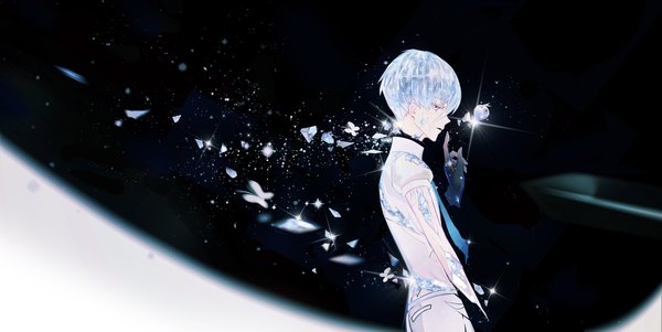 Anime picture 8000x4013 with houseki no kuni antarcticite shan gui yu yao single fringe highres short hair hair between eyes wide image standing absurdres silver hair profile sparkle silver eyes androgynous amputee gloves black gloves insect