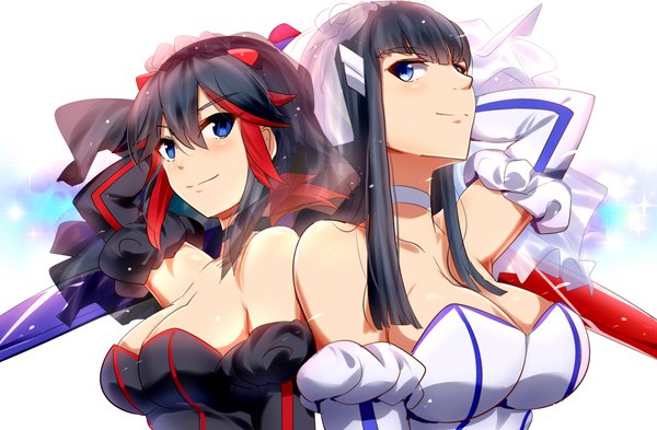 イラスト 2000x1312 と キルラキル studio trigger 纏流子 鬼龍院皐月 馬克杯 長髪 highres 短い髪 青い目 黒髪 multicolored hair light smile two-tone hair インナーカラー wedding ドレス 手袋 武器 剣 長手袋