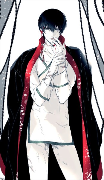 Anime picture 696x1200 with hoozuki no reitetsu wit studio hakutaku (hoozuki no reitetsu) akgi single tall image looking at viewer short hair light erotic black hair hair between eyes standing white background traditional clothes black eyes finger to mouth chinese clothes clothes on shoulders boy blood