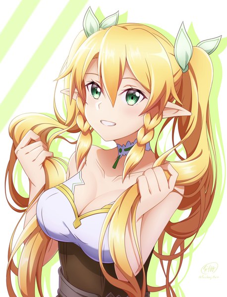 Anime picture 1654x2169 with sword art online a-1 pictures leafa ken-ji single long hair tall image fringe breasts blonde hair smile hair between eyes twintails green eyes signed looking away cleavage upper body pointy ears grin