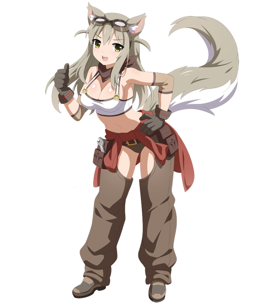 Anime picture 852x1000 with lost pause lily the mechanic wanaca single long hair tall image looking at viewer fringe breasts open mouth light erotic smile hair between eyes large breasts standing bare shoulders green eyes animal ears payot full body