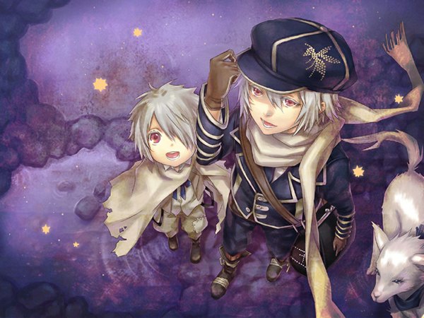 Anime picture 1180x885 with tegami bachi lag seeing gauche suede roda (letter bee) dr. red eyes white hair torn clothes looking up boy gloves hat animal scarf star (symbol) insect butterfly star (stars) bag child (children)