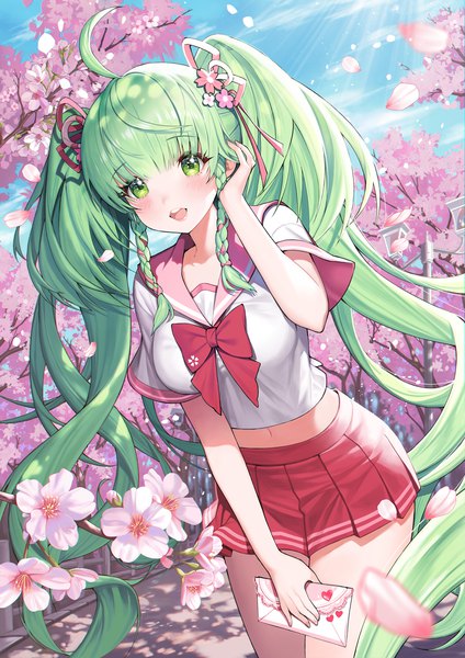 Anime picture 1600x2263 with houchi shoujo ding feng (houchi shoujo) monini single tall image looking at viewer blush fringe open mouth smile standing twintails holding green eyes sky ahoge outdoors blunt bangs braid (braids) very long hair