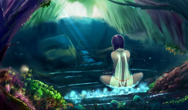 Anime picture 1360x800 with original eruguri-n single long hair wide image sitting purple hair from behind sunlight back landscape fairy girl plant (plants) wings tree (trees) water