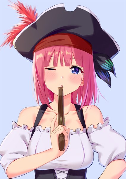 Anime picture 1447x2047 with go-toubun no hanayome nakano nino hofumaso single tall image looking at viewer blush fringe short hair breasts simple background purple eyes bare shoulders holding pink hair upper body blunt bangs one eye closed blue background pirate