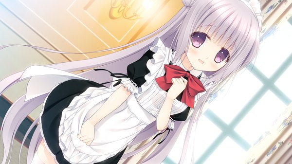 Anime picture 1280x720 with sora tobu hitsuji to manatsu no hana shiina tyris eluard hazumi rio single long hair blush open mouth wide image purple eyes game cg silver hair maid loli girl dress headdress maid headdress