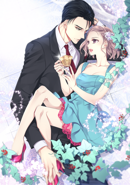 Anime picture 1000x1417 with original nayuta/iho tall image blush short hair open mouth black hair brown hair sitting purple eyes bare shoulders holding cleavage full body bent knee (knees) lying profile hair flower sparkle on back