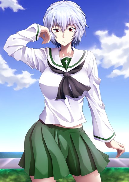 Anime picture 1447x2039 with neon genesis evangelion girls und panzer gainax ayanami rei miraino tsubasa single tall image looking at viewer fringe short hair smile red eyes standing blue hair sky outdoors long sleeves pleated skirt arm up wind