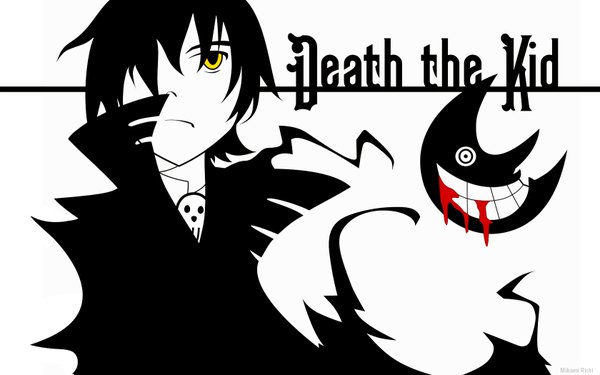 Anime picture 1680x1050 with soul eater studio bones death the kid wide image white background yellow eyes monochrome spot color high contrast boy moon blood