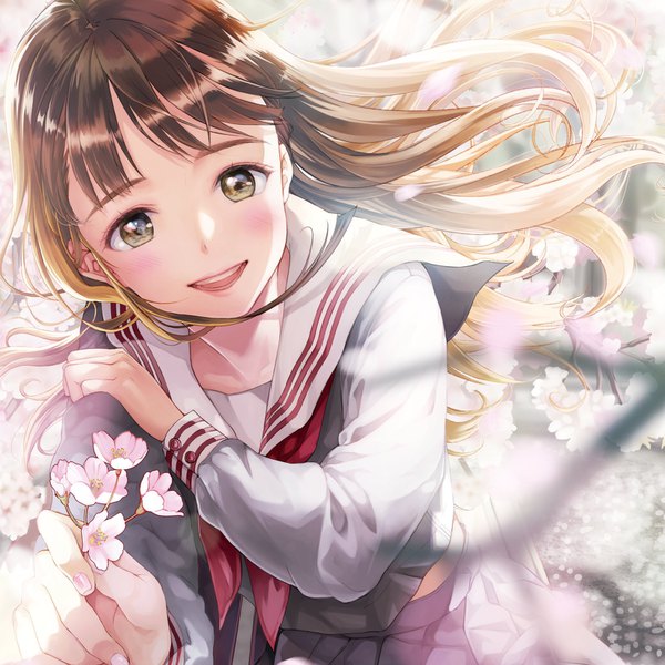 Anime picture 1573x1574 with original matsuzaki miyuki single long hair tall image looking at viewer blush fringe open mouth smile brown hair sitting green eyes outdoors :d pleated skirt fingernails from above wind sunlight