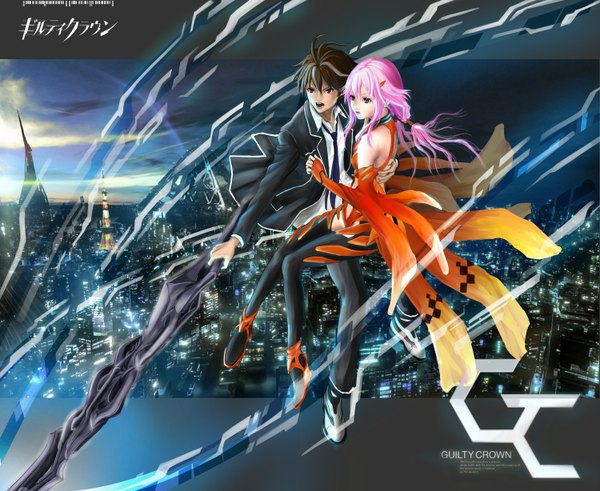 Anime picture 1500x1228 with guilty crown production i.g yuzuriha inori ouma shu jp-909 (artist) long hair short hair open mouth brown hair bare shoulders brown eyes pink hair sky cloud (clouds) ponytail pink eyes inscription hug city hieroglyph