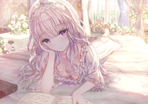 Anime picture 1754x1240 with original missle228 single long hair looking at viewer blush fringe highres breasts light erotic purple eyes cleavage silver hair indoors lying blunt bangs head tilt light smile short sleeves on stomach