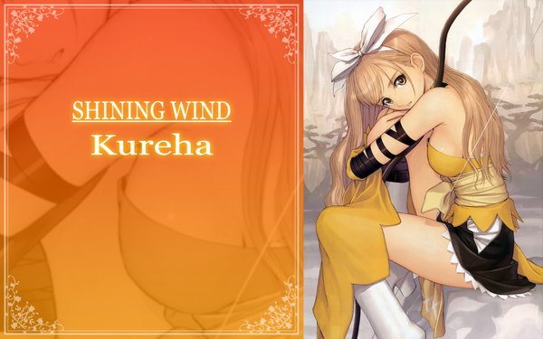 Anime picture 1920x1200 with shining (series) shining wind touka kureha tony taka long hair looking at viewer highres blonde hair wide image sitting yellow eyes girl bow ribbon (ribbons) weapon hair bow bow (weapon)