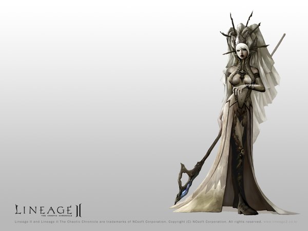 Anime picture 1600x1200 with lineage (game) highres white hair pointy ears realistic official art wallpaper elf dark elf dress hair ornament detached sleeves staff