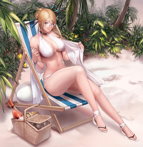 Anime picture 1500x1539 with dungeon and fighter female gunner (dungeon and fighter) monaim single tall image looking at viewer fringe short hair breasts blue eyes light erotic blonde hair large breasts sitting full body outdoors beach sideboob alternate hairstyle hair up