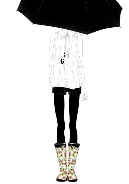 Anime picture 1000x1417 with original sousou (sousouworks) single tall image simple background standing white background bare shoulders holding floral print monochrome casual no face girl flower (flowers) pantyhose shorts umbrella blouse rubber boots